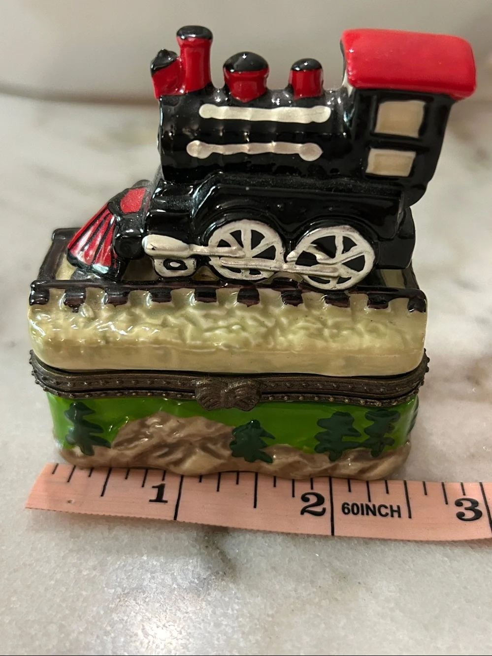 Vintage Hand Painted Porcelain Railway Steam Engine Hinged Trinket Box Train